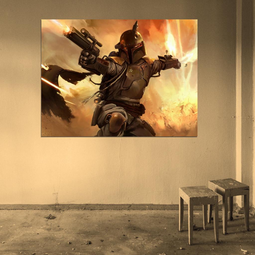Boba Fett Mandalorian Warrior Bounty Hunter Fight Star Wars Movie Awesome Painting Art Wall Art Print Poster
