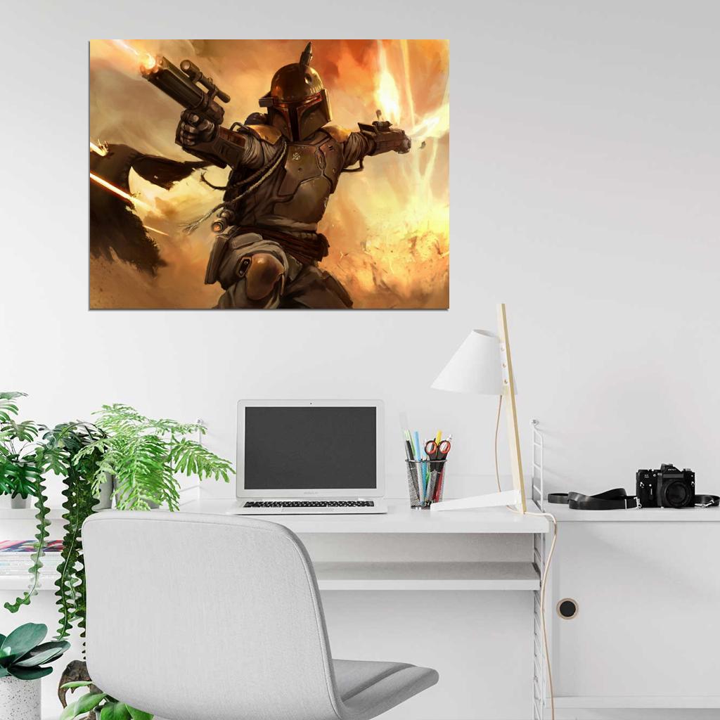 Boba Fett Mandalorian Warrior Bounty Hunter Fight Star Wars Movie Awesome Painting Art Wall Art Print Poster