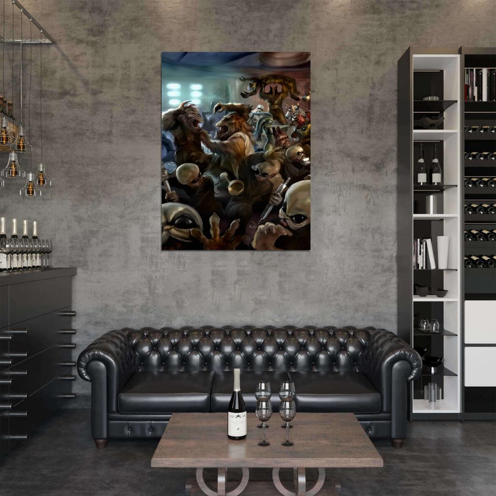 Mos Eisley Cantina Aliens Fight Band Tatooine Star Wars Movie Awesome Painting Art Wall Art Print Poster