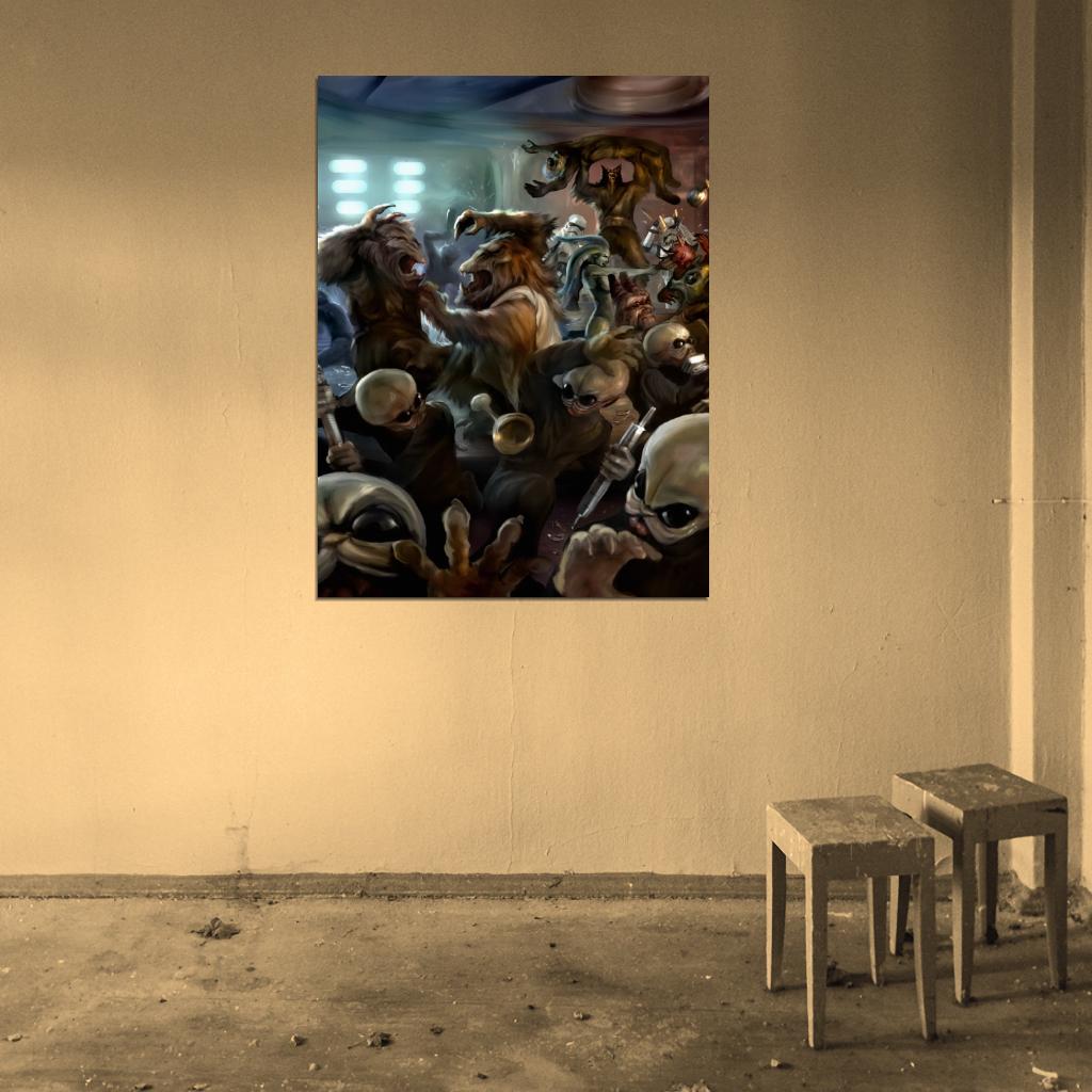 Mos Eisley Cantina Aliens Fight Band Tatooine Star Wars Movie Awesome Painting Art Wall Art Print Poster