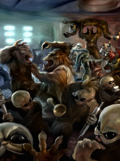 Mos Eisley Cantina Aliens Fight Band Tatooine Star Wars Movie Awesome Painting Art Wall Art Print Poster