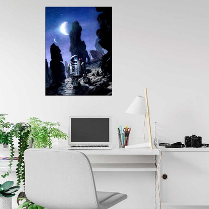 R2-D2 Tatooine Night Moons Jawas Sandcrawler Star Wars Movie Awesome Painting Art Wall Art Print Poster