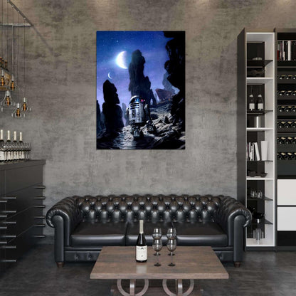 R2-D2 Tatooine Night Moons Jawas Sandcrawler Star Wars Movie Awesome Painting Art Wall Art Print Poster