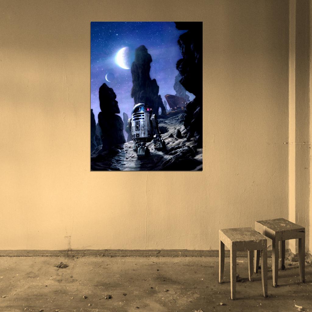R2-D2 Tatooine Night Moons Jawas Sandcrawler Star Wars Movie Awesome Painting Art Wall Art Print Poster