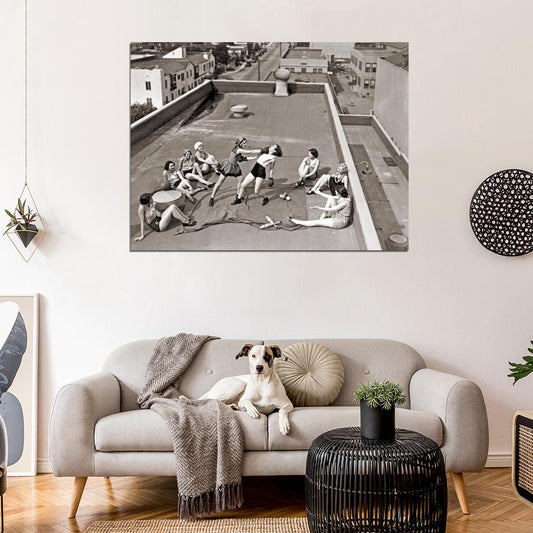 Women Boxing Roof 1930s Awesome Rare Old BW Wall Decor Room Print Retro Vintage Poster