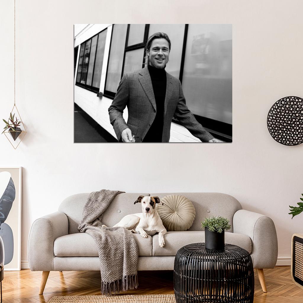 Brad Pitt Jacket Long Hair Beard Smiling Handsome BW Wall Art Print Poster