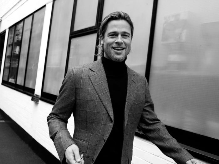 Brad Pitt Jacket Long Hair Beard Smiling Handsome BW Wall Art Print Poster