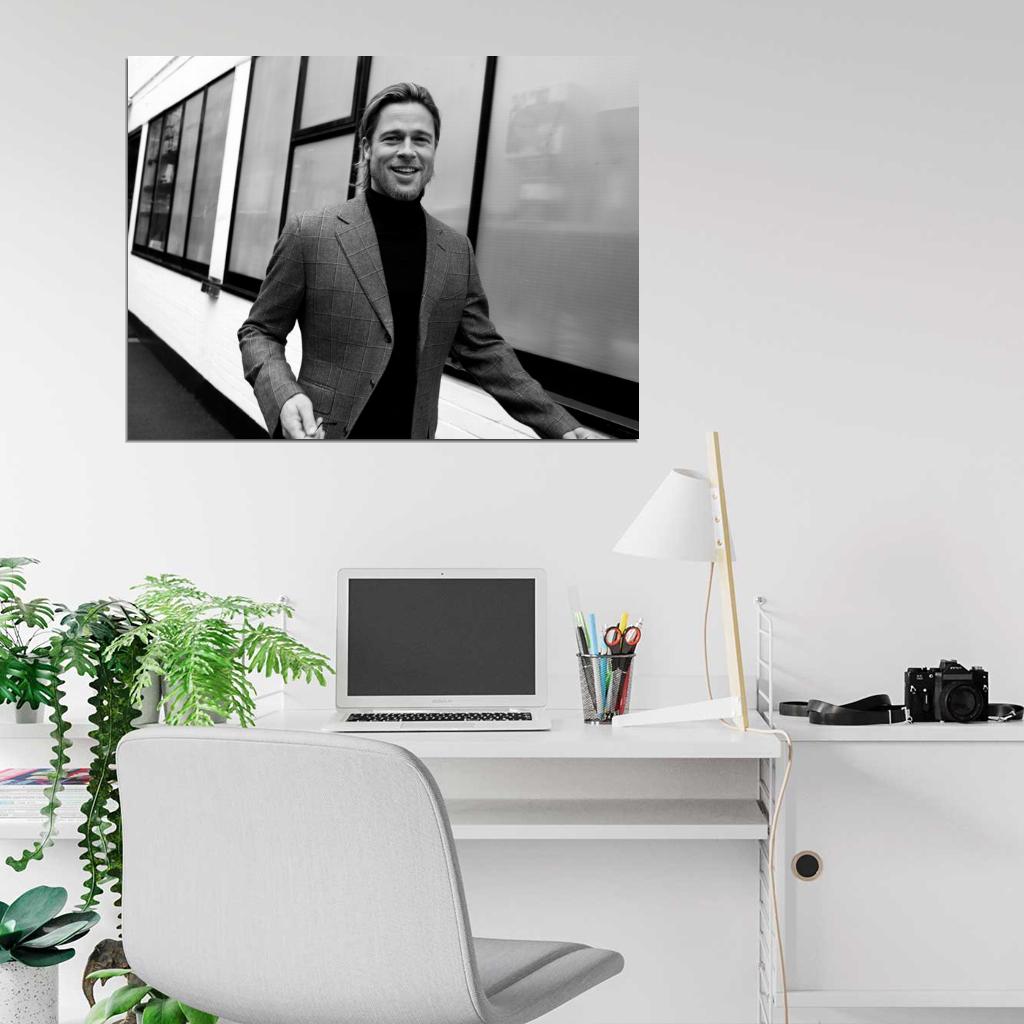 Brad Pitt Jacket Long Hair Beard Smiling Handsome BW Wall Art Print Poster
