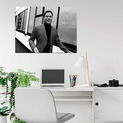 Brad Pitt Jacket Long Hair Beard Smiling Handsome BW Wall Art Print Poster