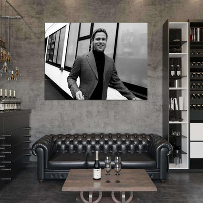 Brad Pitt Jacket Long Hair Beard Smiling Handsome BW Wall Art Print Poster