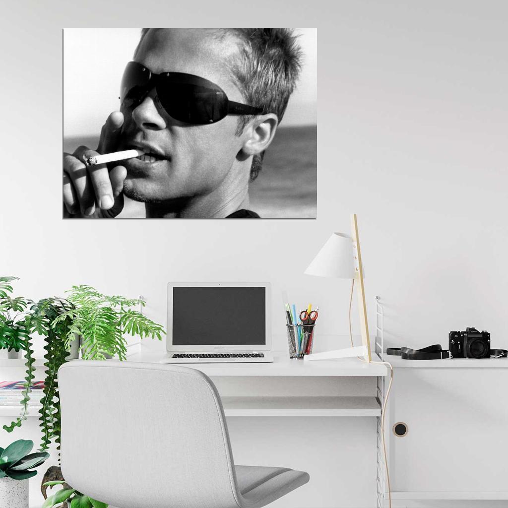 Brad Pitt Portrait Sunglasses Handsome Young BW Wall Art Print Poster