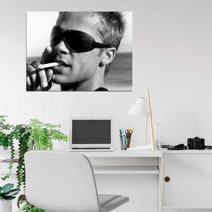 Brad Pitt Portrait Sunglasses Handsome Young BW Wall Art Print Poster