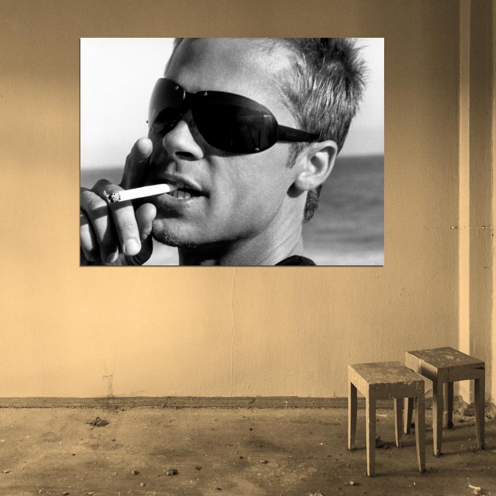 Brad Pitt Portrait Sunglasses Handsome Young BW Wall Art Print Poster