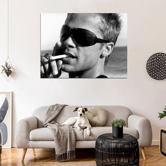 Brad Pitt Portrait Sunglasses Handsome Young BW Wall Art Print Poster