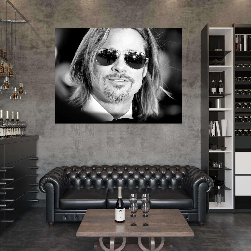Brad Pitt Portrait Long Hair Sunglasses Awesome BW Wall Art Print Poster