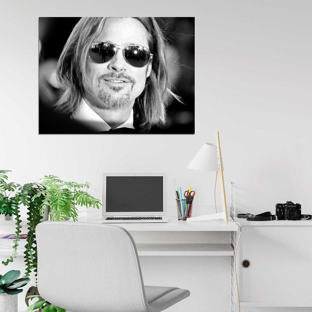 Brad Pitt Portrait Long Hair Sunglasses Awesome BW Wall Art Print Poster