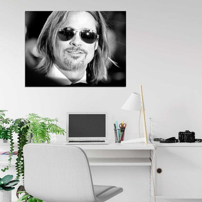 Brad Pitt Portrait Long Hair Sunglasses Awesome BW Wall Art Print Poster