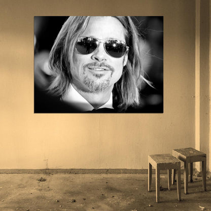 Brad Pitt Portrait Long Hair Sunglasses Awesome BW Wall Art Print Poster