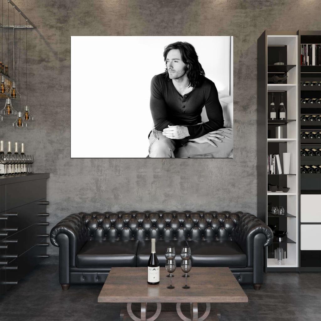 Hugh Jackman BW Portrait Long Hair Handsome Hot Actor Wall Art Print Poster