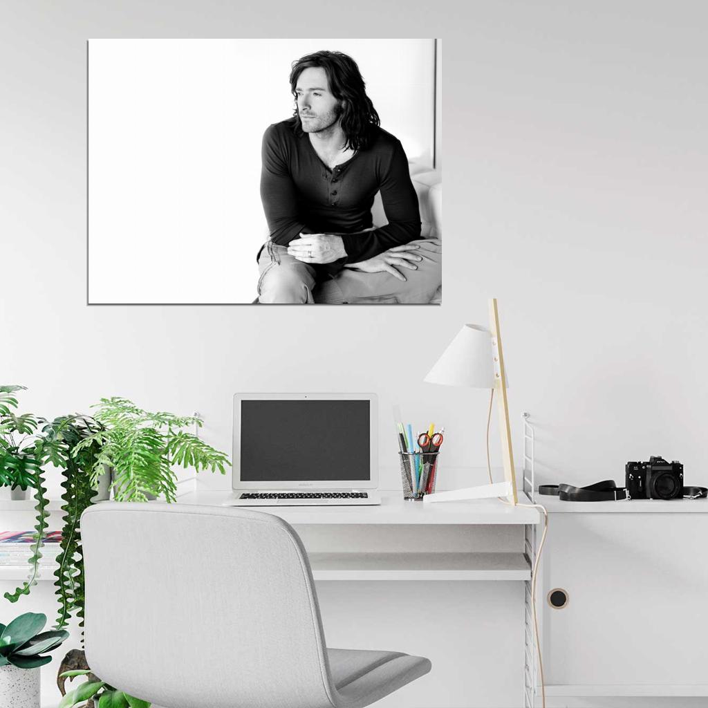 Hugh Jackman BW Portrait Long Hair Handsome Hot Actor Wall Art Print Poster
