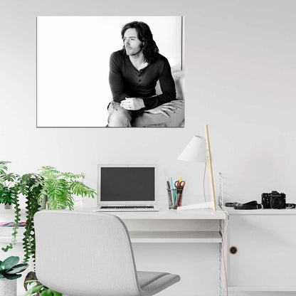 Hugh Jackman BW Portrait Long Hair Handsome Hot Actor Wall Art Print Poster