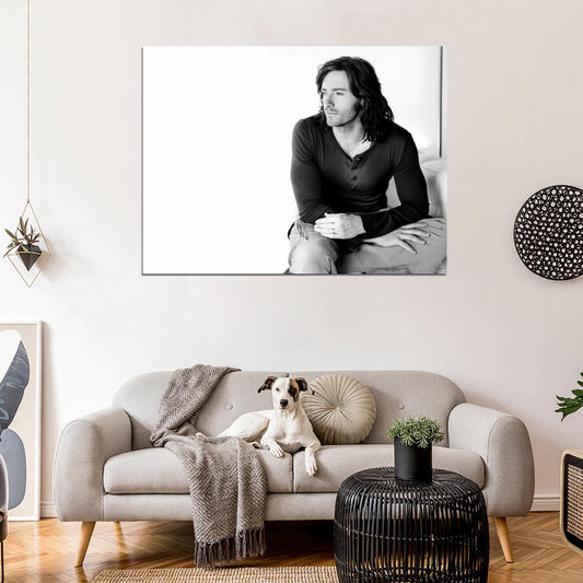 Hugh Jackman BW Portrait Long Hair Handsome Hot Actor Wall Art Print Poster