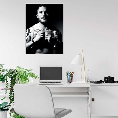 Tom Hardy BW Portrait Shirtless Body Tattoos Handsome Wall Art Print Poster