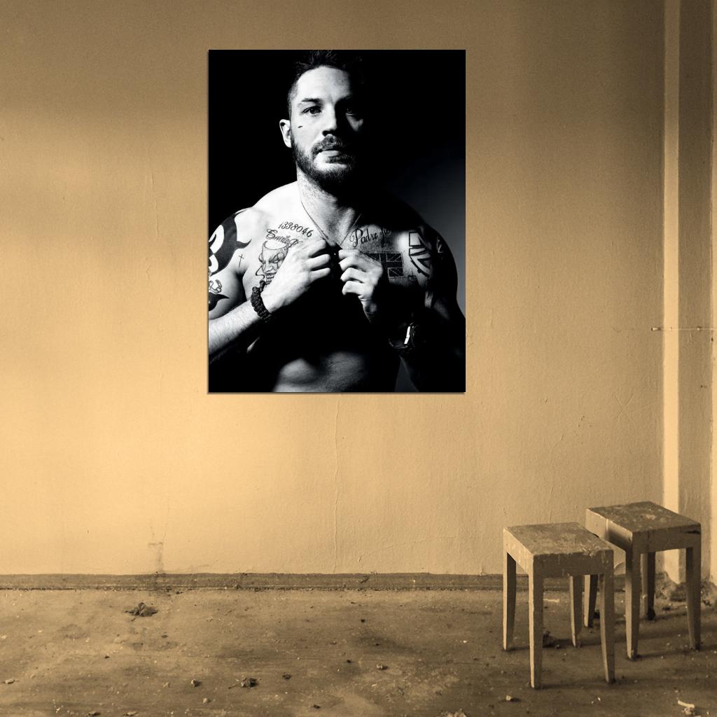 Tom Hardy BW Portrait Shirtless Body Tattoos Handsome Wall Art Print Poster