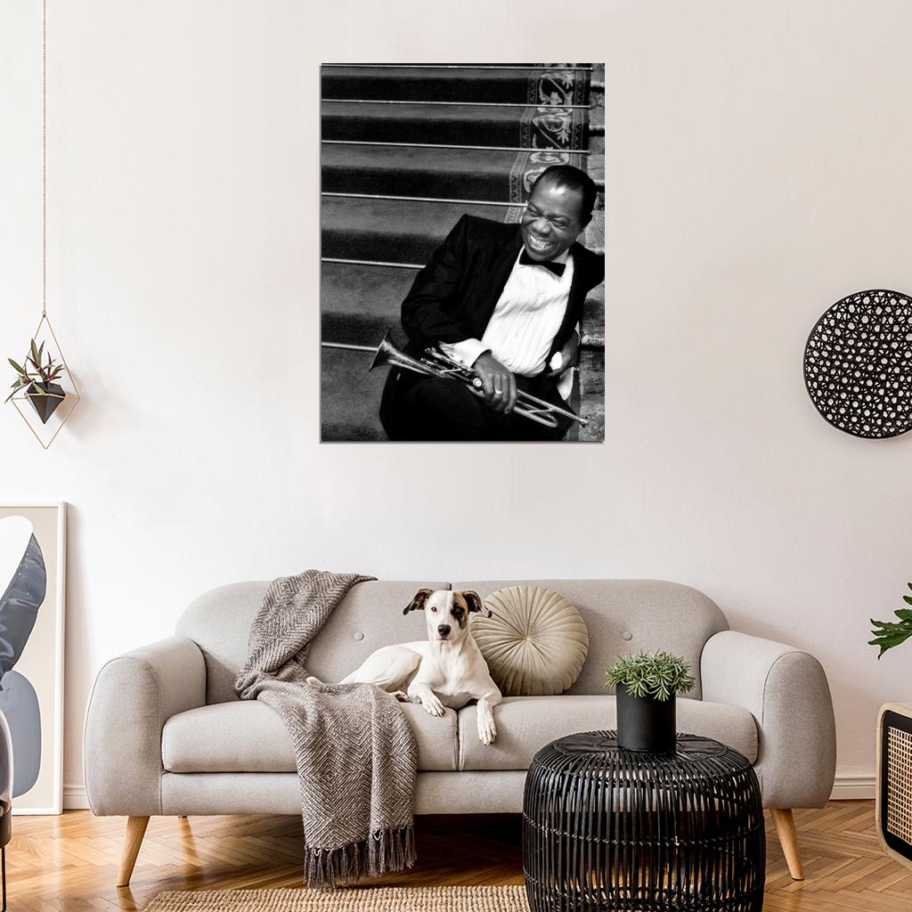 Louis Armstrong BW Portrait Saxophone Laugh Retro Rare Wall Art Print Poster