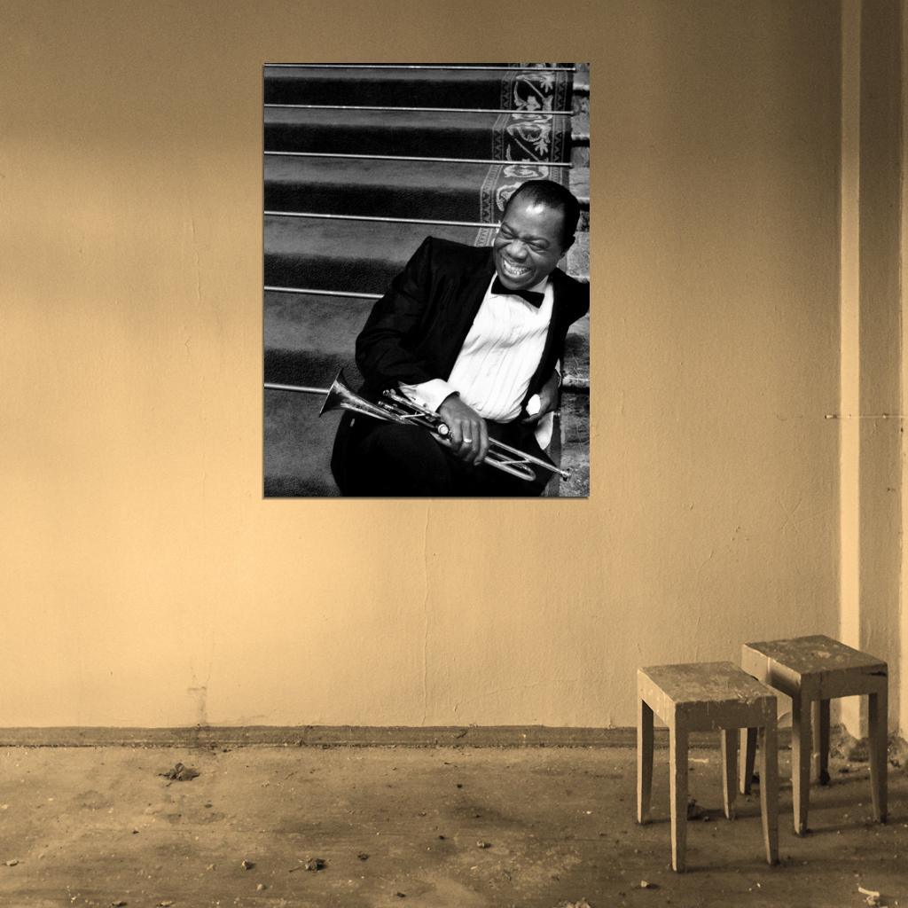 Louis Armstrong BW Portrait Saxophone Laugh Retro Rare Wall Art Print Poster