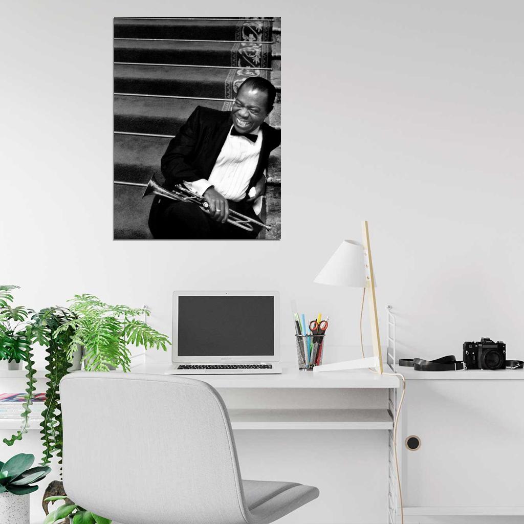 Louis Armstrong BW Portrait Saxophone Laugh Retro Rare Wall Art Print Poster