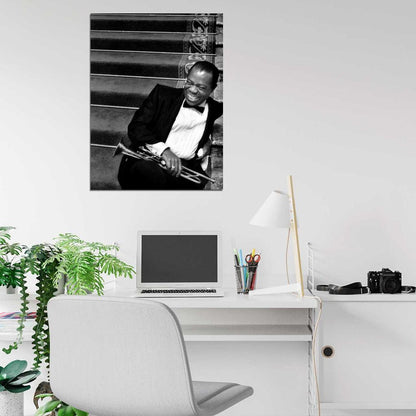 Louis Armstrong BW Portrait Saxophone Laugh Retro Rare Wall Art Print Poster
