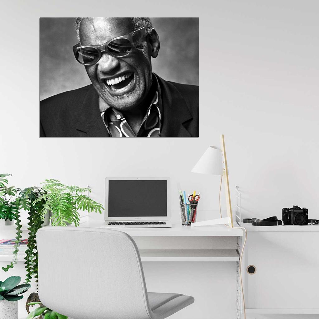 Ray Charles BW Portrait Smile Retro Music Singer Wall Art Print Poster