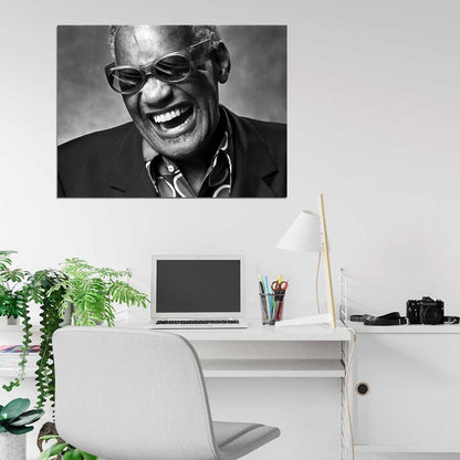 Ray Charles BW Portrait Smile Retro Music Singer Wall Art Print Poster