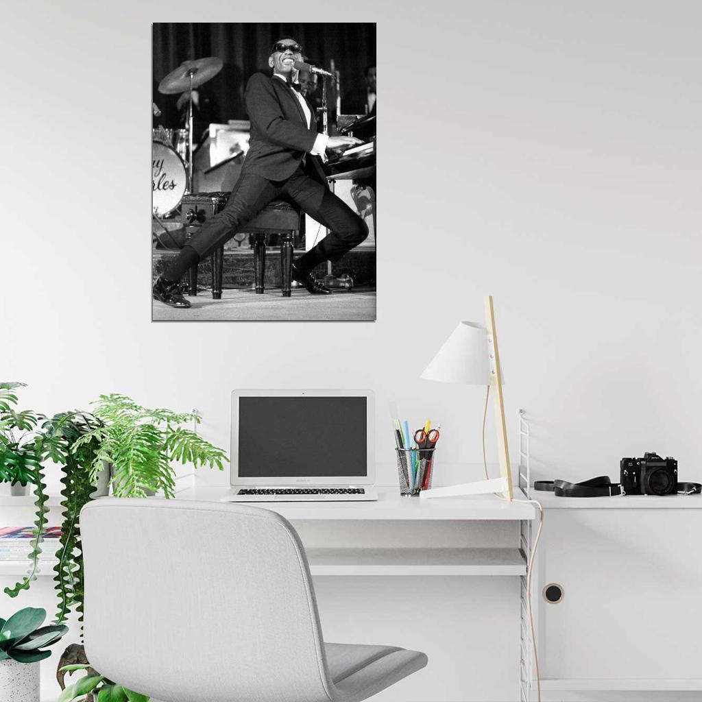 Ray Charles Concert Performance BW Retro Music Singer Wall Art Print Poster