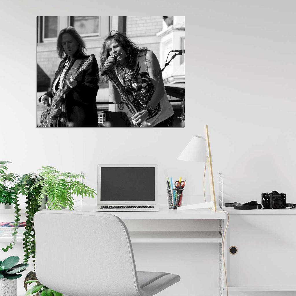 Aerosmith Steven Tyler Tom Hamilton BW Stage Retro Wall Art Print Poster