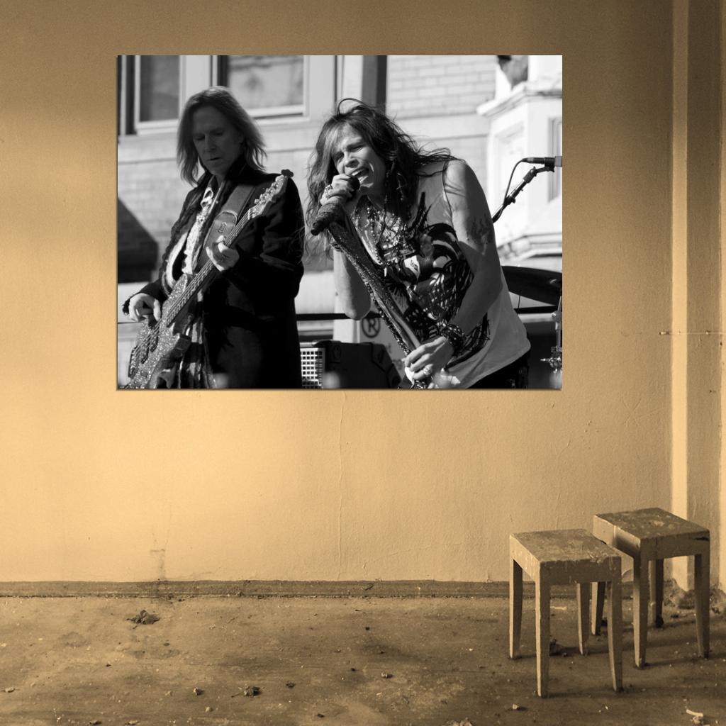 Aerosmith Steven Tyler Tom Hamilton BW Stage Retro Wall Art Print Poster