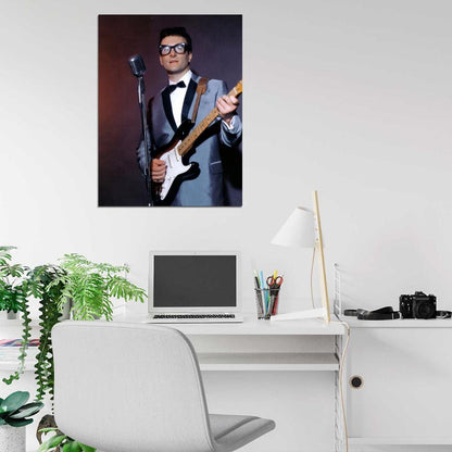 Buddy Holly Guitar Microphone Retro Singer Music Wall Art Print Poster