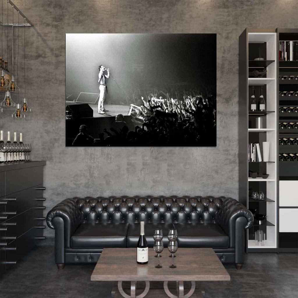 Queen BW Freddie Mercury Shirtless Singing Crowd Band Wall Art Print Poster
