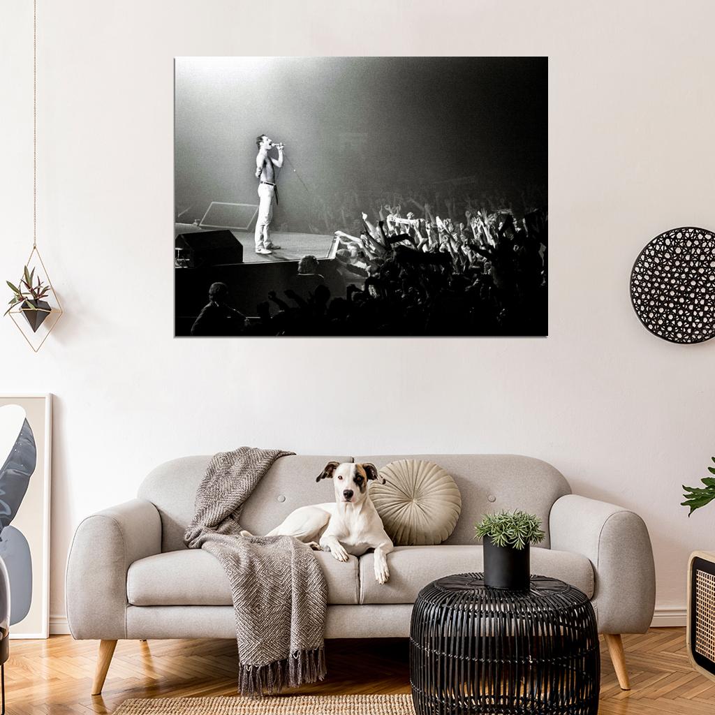 Queen BW Freddie Mercury Shirtless Singing Crowd Band Wall Art Print Poster