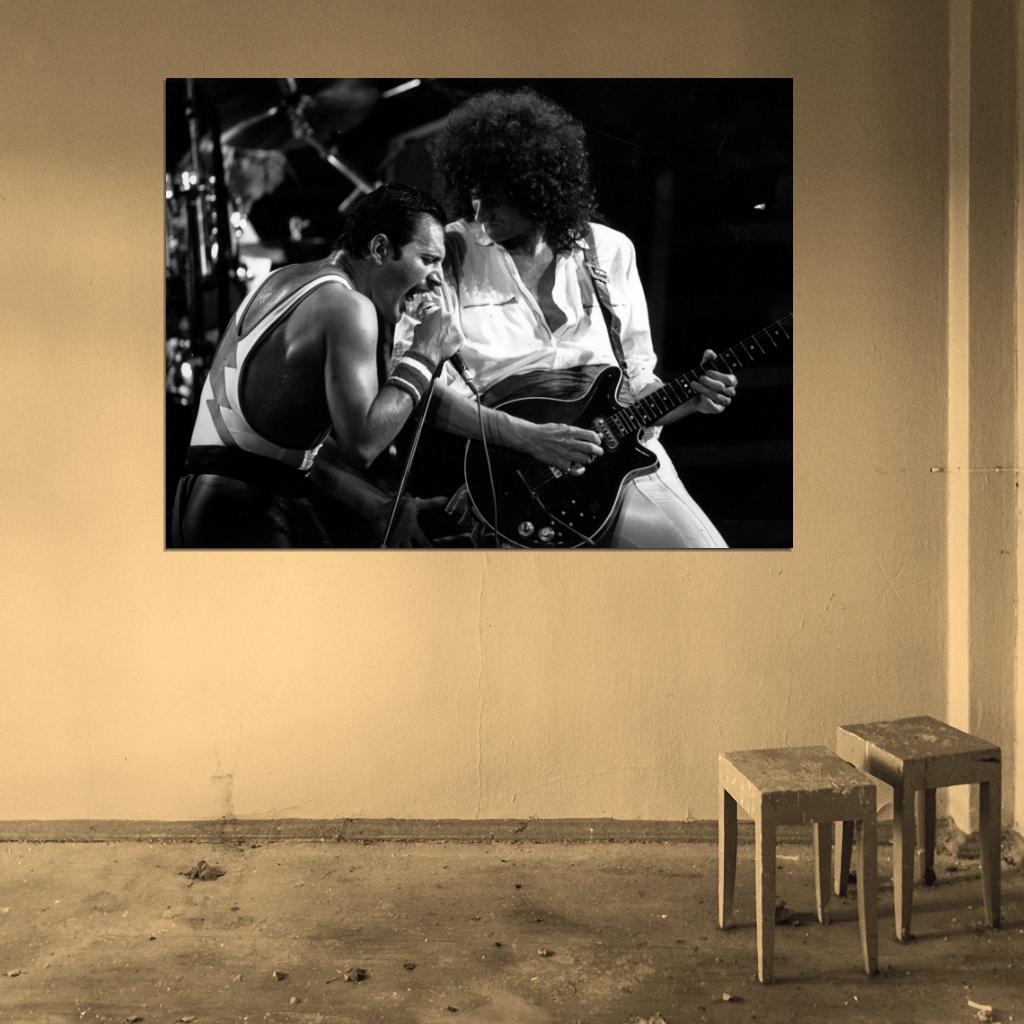 Queen Rare BW Stage Freddie Mercury Brian May Band Wall Art Print Poster