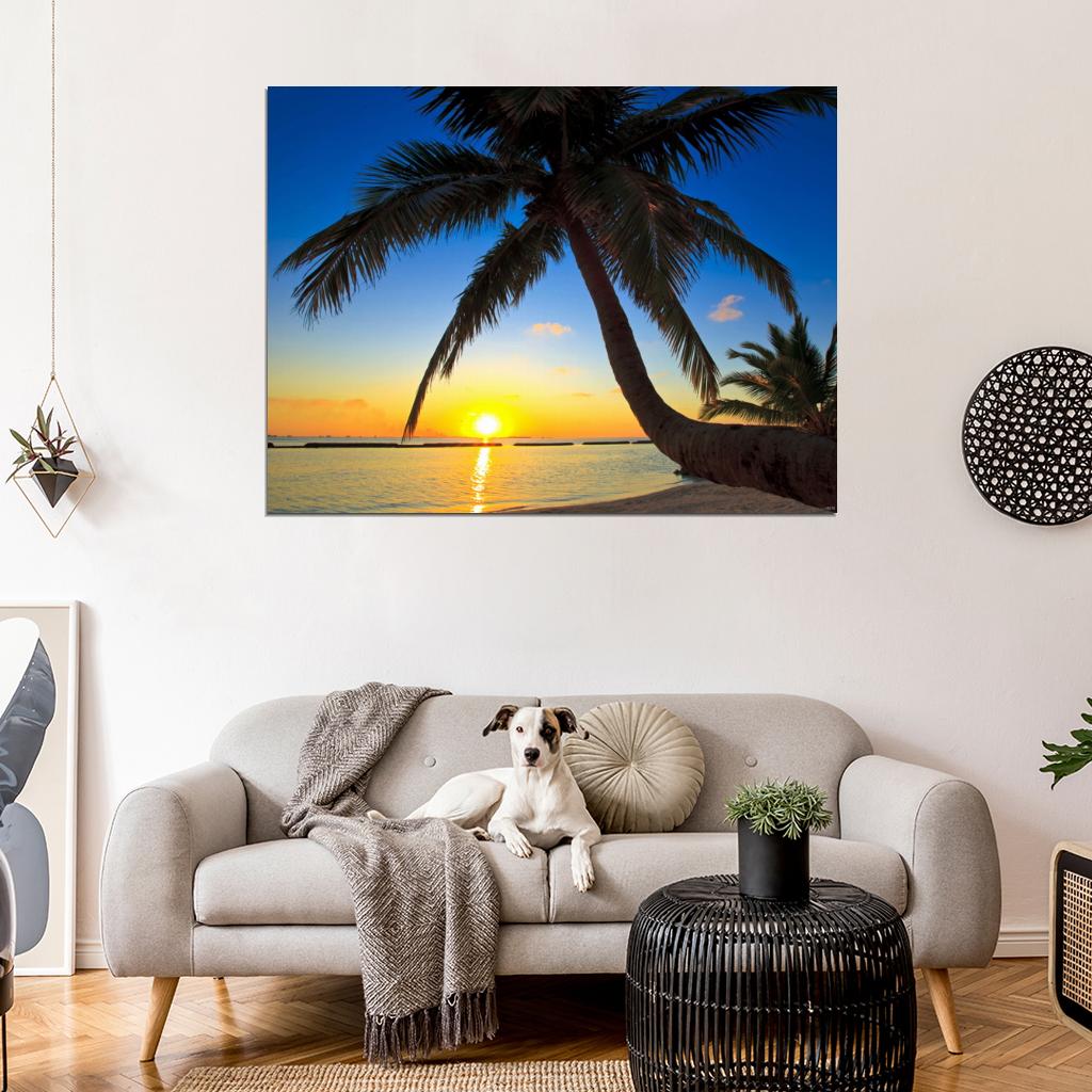 Beautiful Palm Trees Sunset Beach Nature Wall Art Print Poster