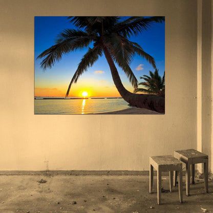 Beautiful Palm Trees Sunset Beach Nature Wall Art Print Poster