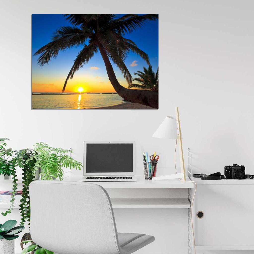 Beautiful Palm Trees Sunset Beach Nature Wall Art Print Poster