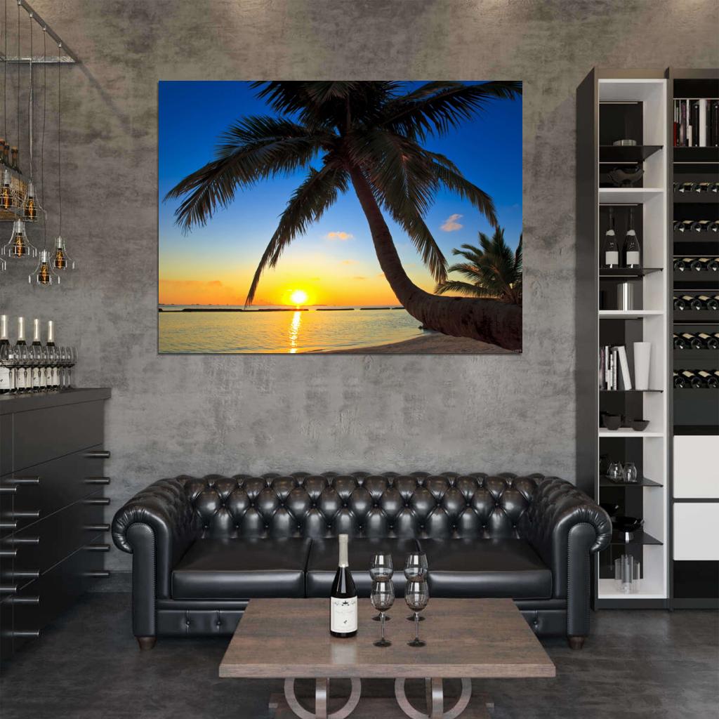 Beautiful Palm Trees Sunset Beach Nature Wall Art Print Poster