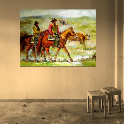 Cowboys Retro Painting Vintage Wall Art Print Poster