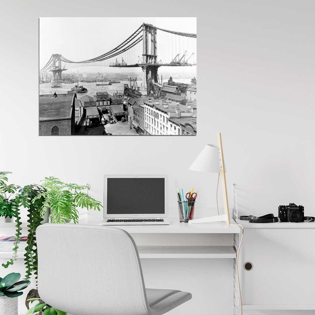 Manhattan Bridge Construction 1909 Retro Old Wall Art Print Poster
