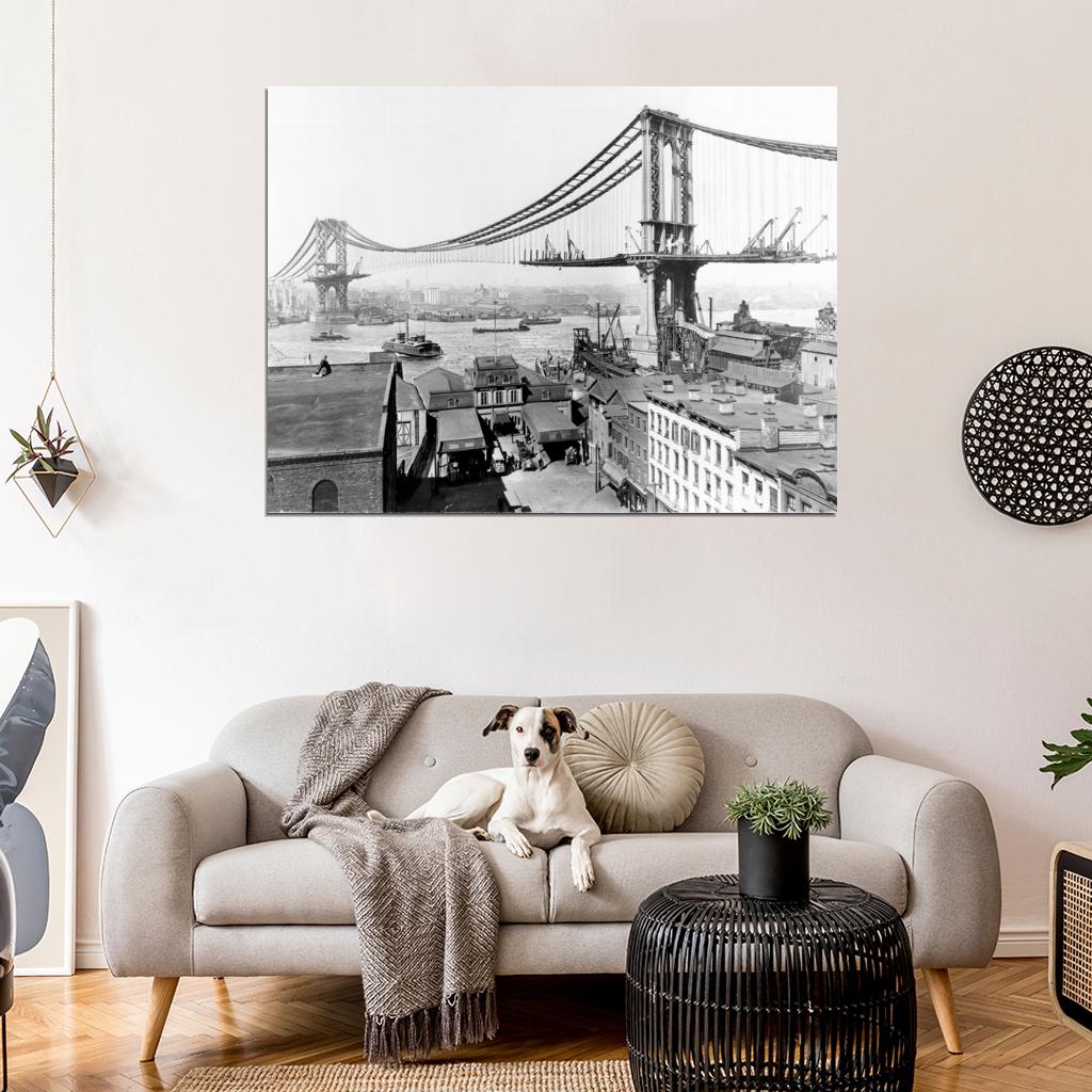 Manhattan Bridge Construction 1909 Retro Old Wall Art Print Poster