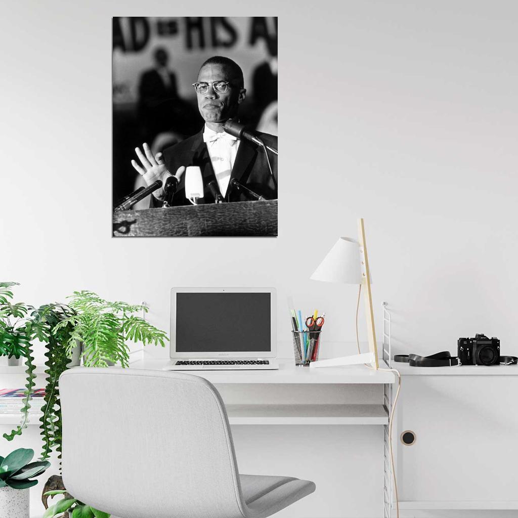 Malcolm X Portrait Vintage Retro BW Wall Art Print Poster