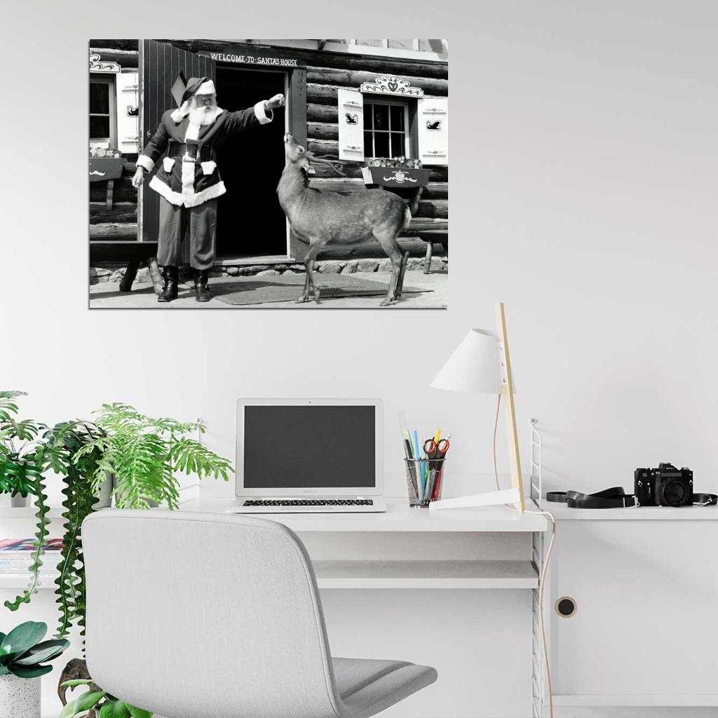 Santa Claus House Deer Vintage BW Retro Wall Art Print Poster